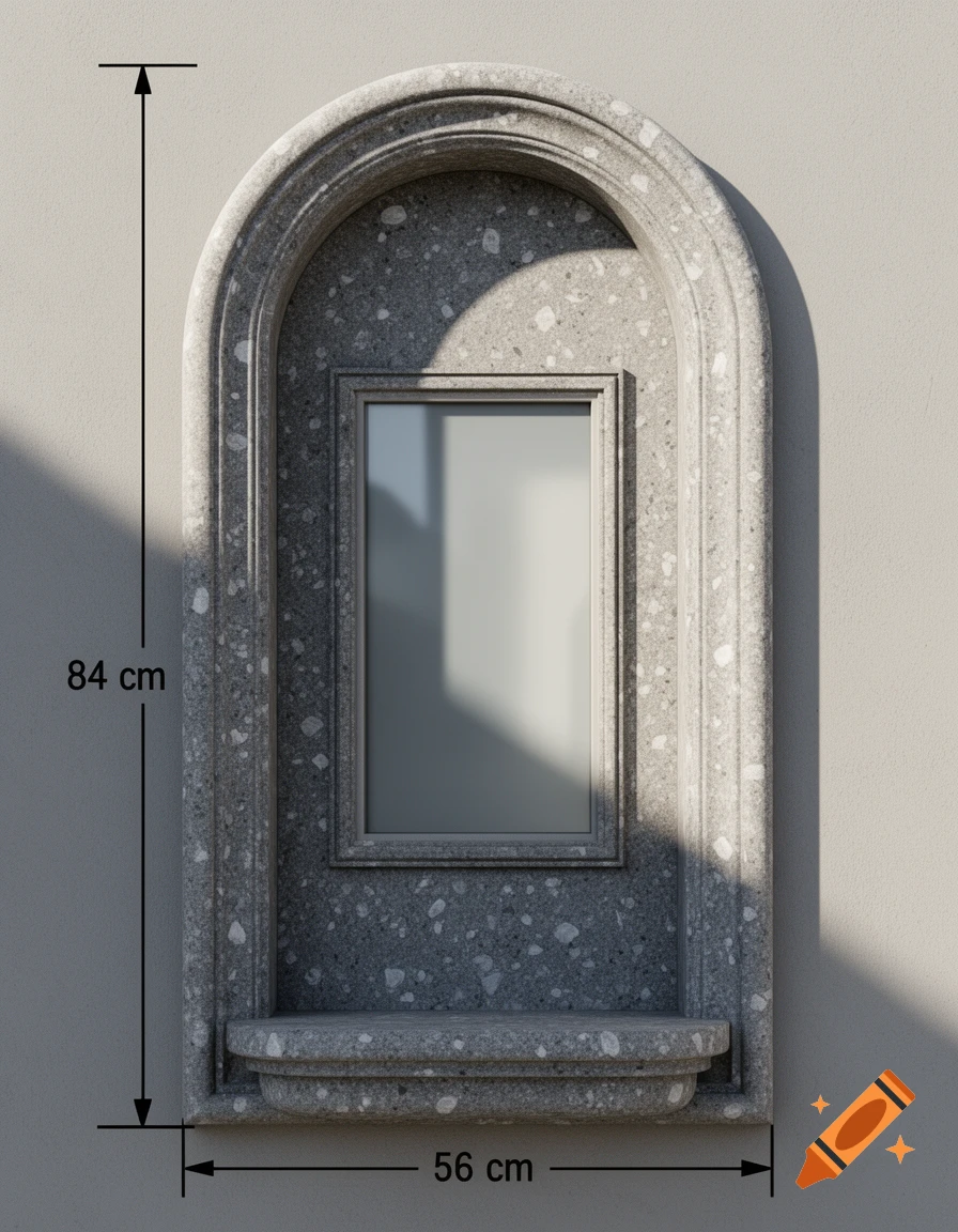 Photorealistic render of a gray stone niche with an arched top, containing a rectangular window, showing height 84 cm and width 56 cm.