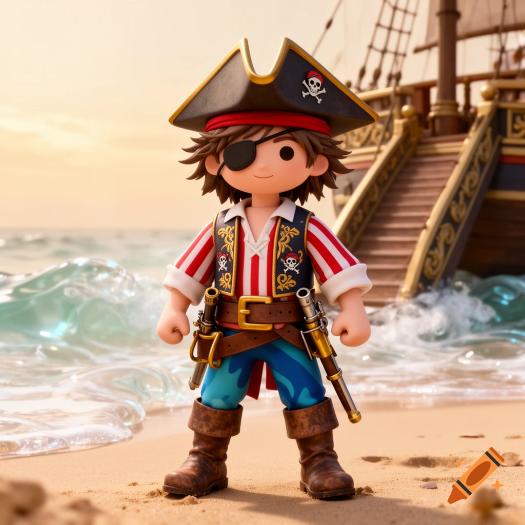 A smiling 3D toy pirate character stands on a sandy beach with a large pirate ship partially visible in the background under a warm sky.