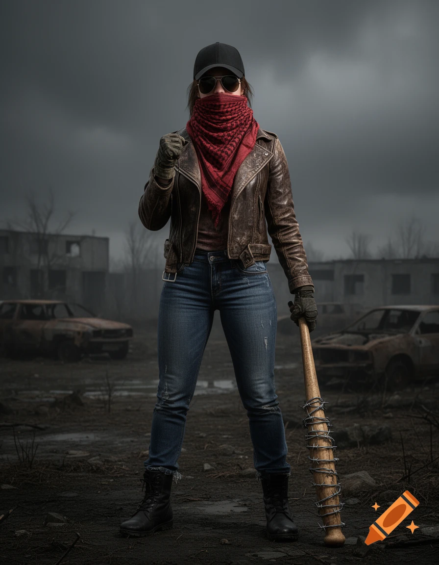 A female character in a red shemagh, leather jacket, and jeans stands holding a barbed wire bat in a desolate, ruined landscape.