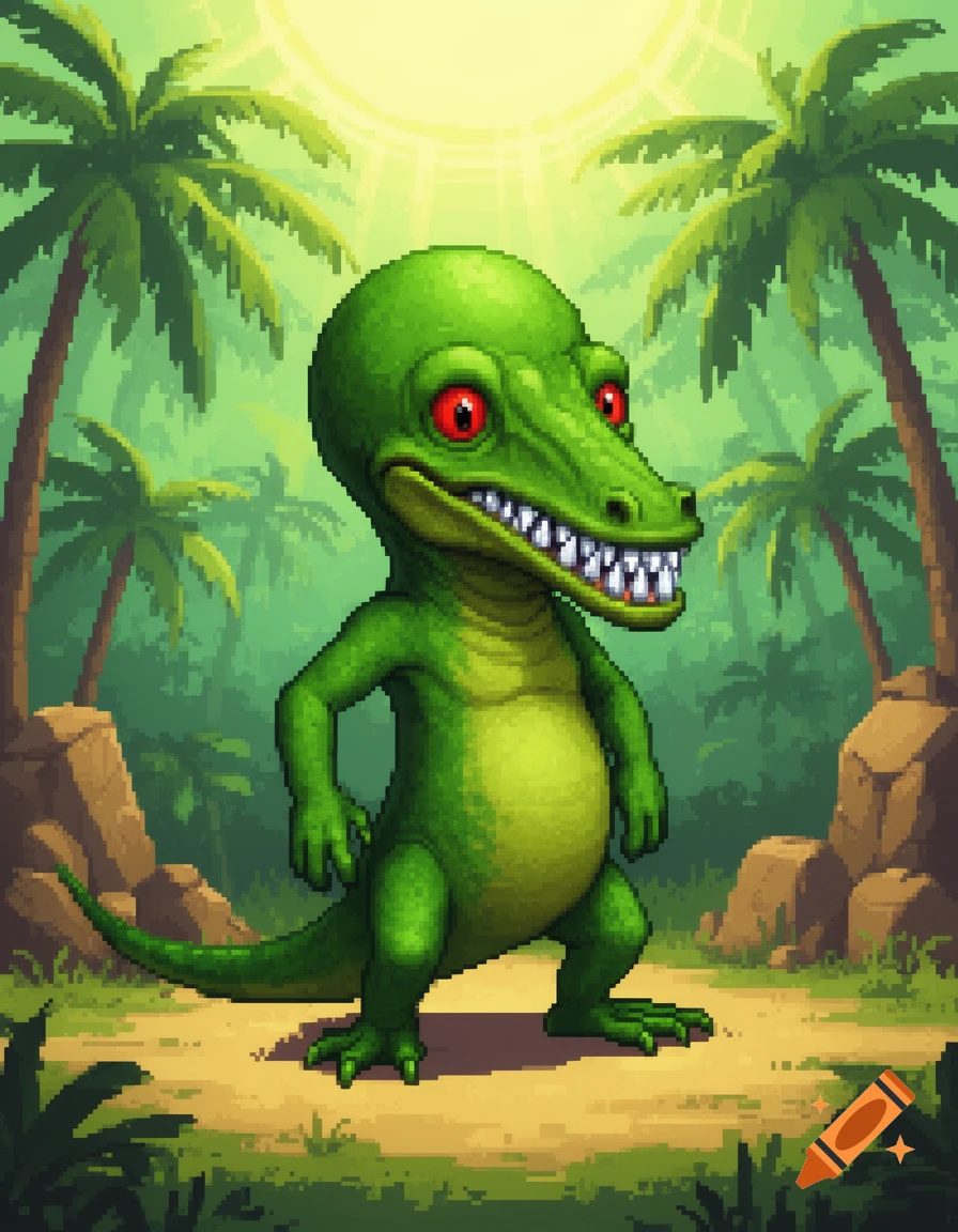 A goofy, pixel art green lizard with red eyes and sharp teeth stands in a tropical jungle with palm trees.
