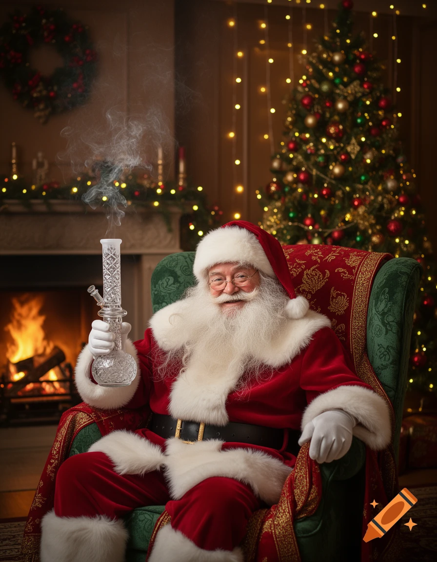 Photorealistic image of Santa Claus in a festive Christmas living room, sitting in an armchair and holding a smoking bong.