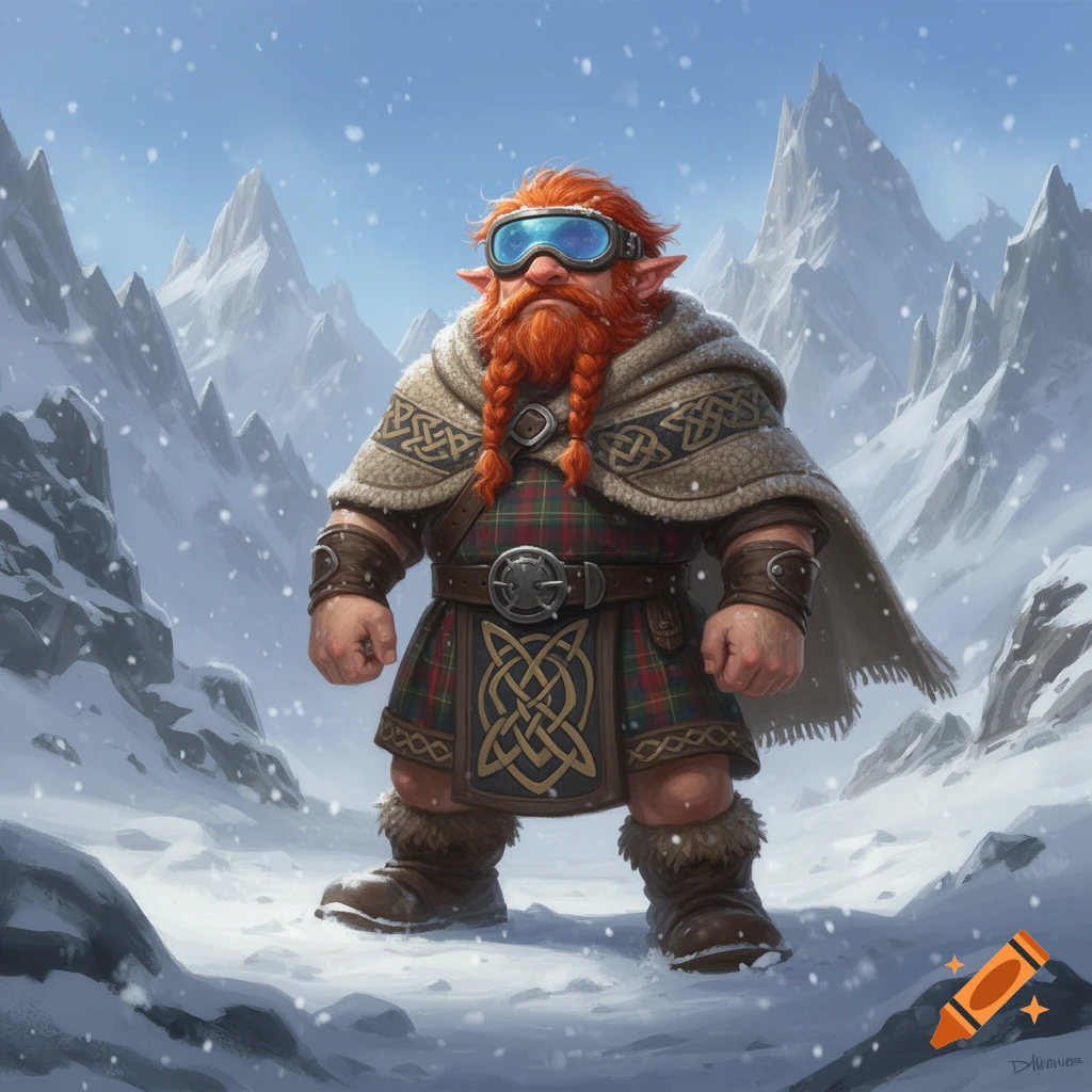 A red-bearded dwarf wearing snow goggles, a tartan kilt, and a patterned poncho stands in a snowy mountain landscape.