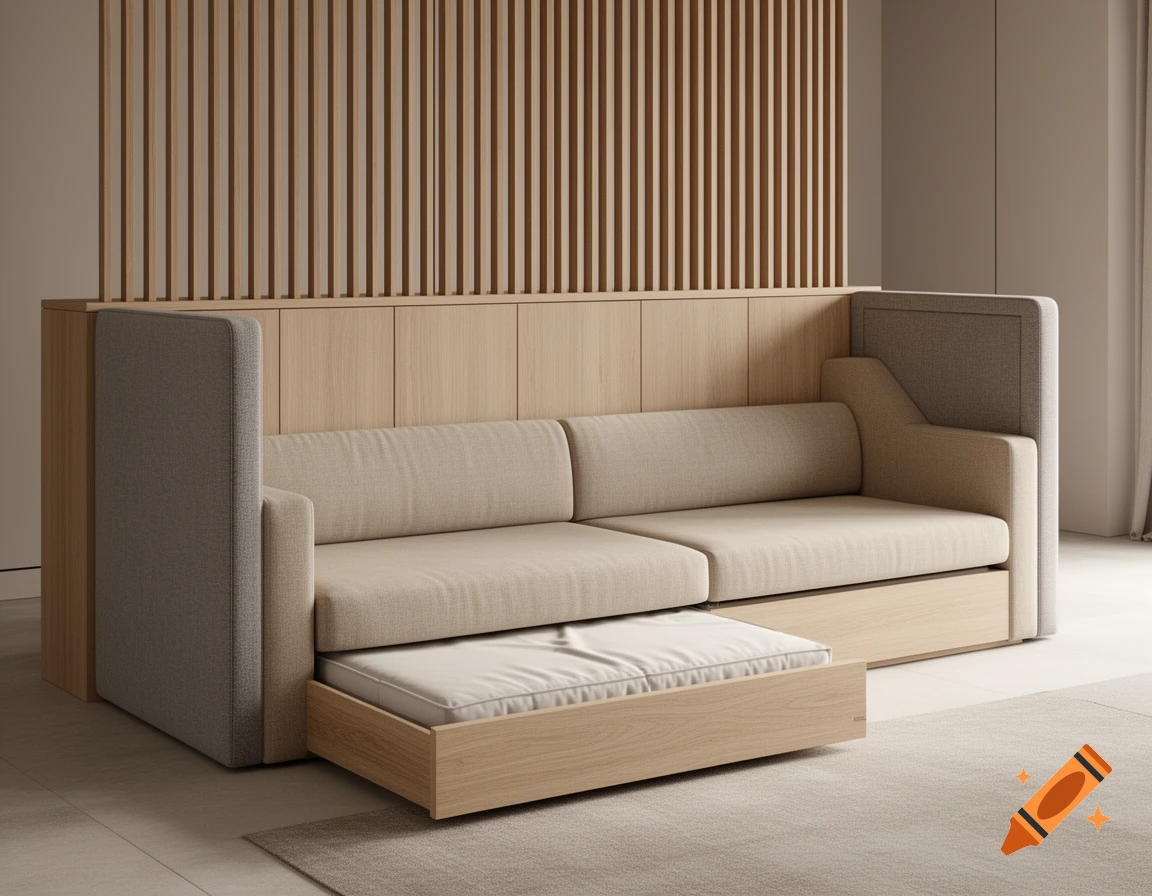 Photorealistic 3D rendering of a modern beige sofa with a pull-out mattress, integrated into a wooden room divider.