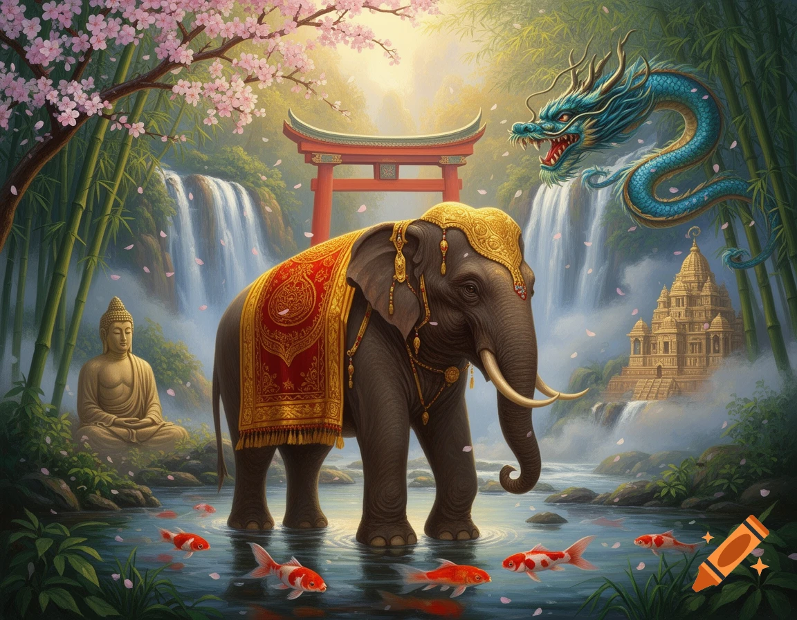 A vibrant Asian landscape with an ornate elephant, Buddha statue, blue dragon, red torii gate, waterfall, and koi fish under cherry blossoms.