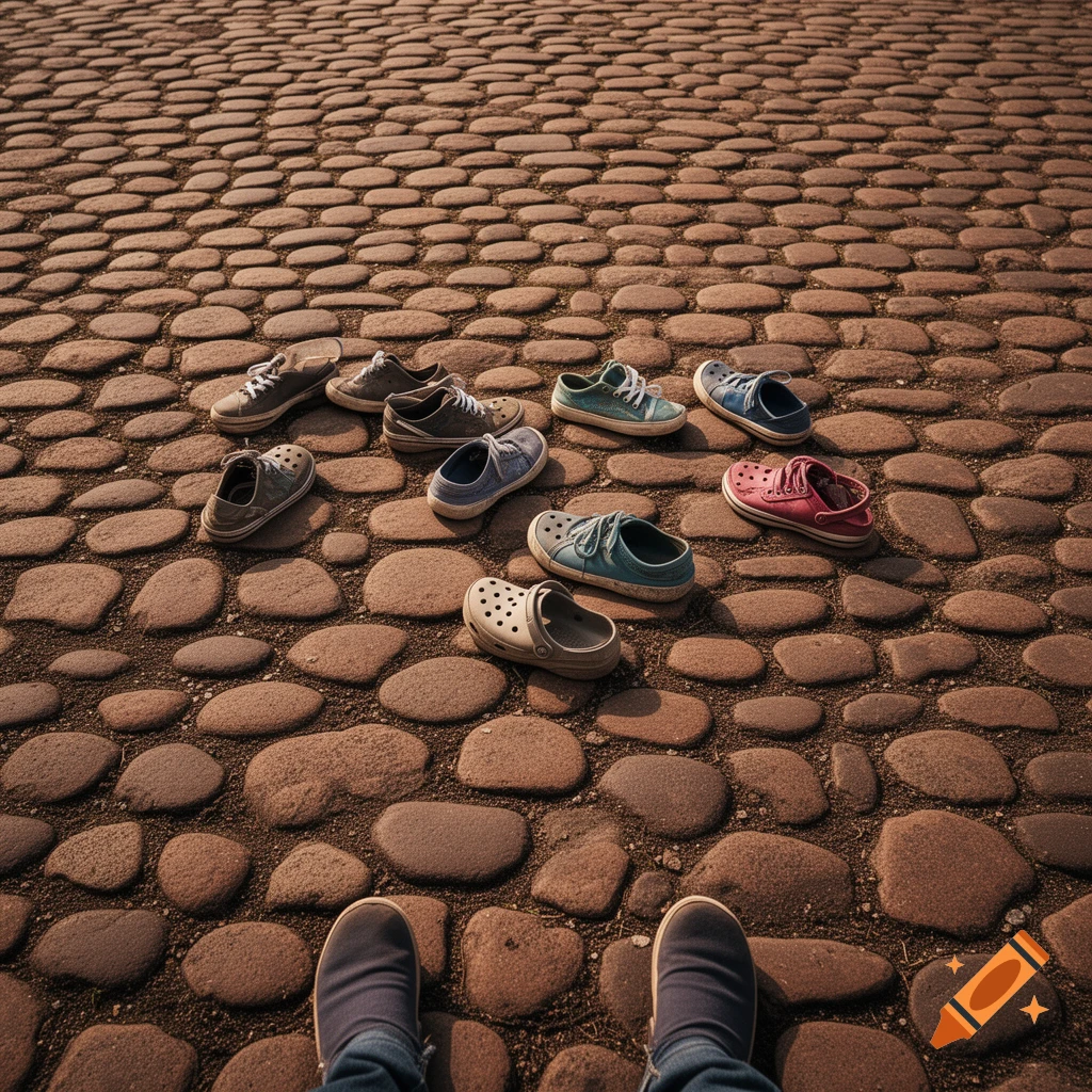 A photorealistic overhead view of a cobblestone path scattered with various pairs of children's and youth shoes, including sneakers and a pair of Crocs. The viewer's feet are visible at the bottom.