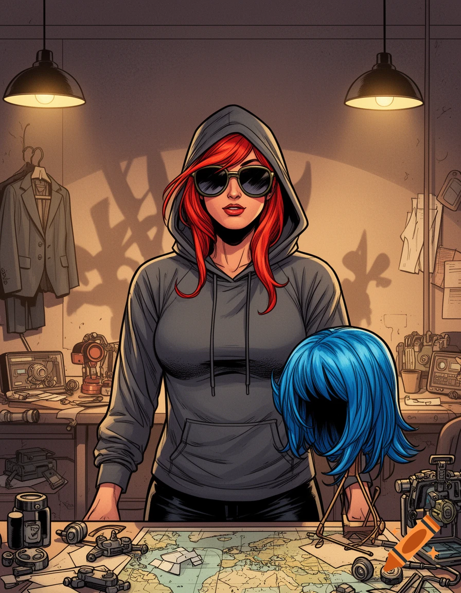 A red-haired woman in a gray hoodie and sunglasses stands at a desk with a map and a blue wig, in comic book art style.