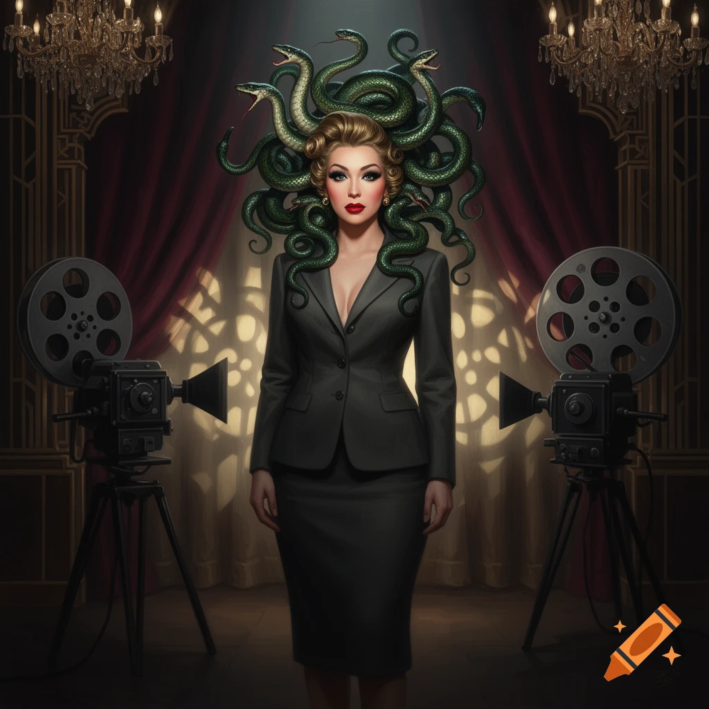 A glamorous Medusa in a dark suit stands between two vintage film cameras in a grand, dimly lit room with chandeliers.
