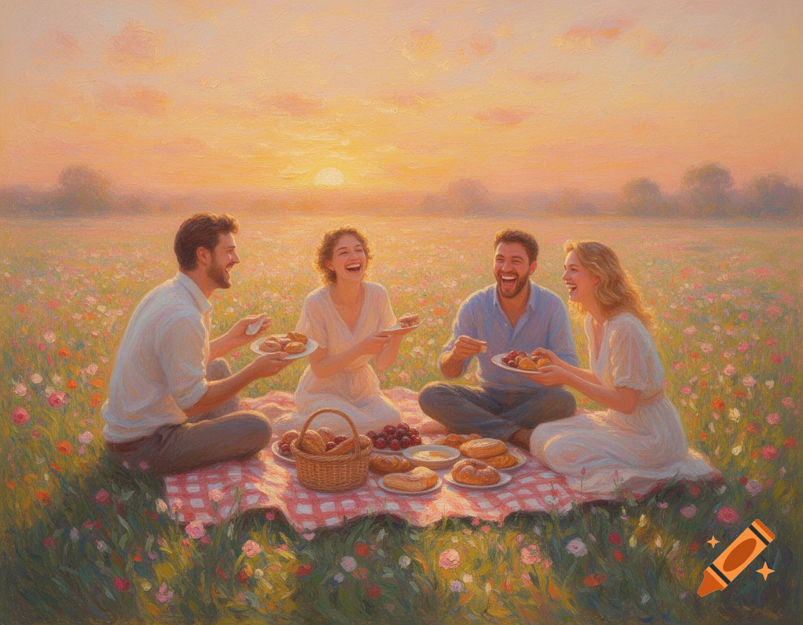 Four friends enjoy a picnic in a sunny, flower-filled meadow at sunset, painted in an impressionistic style.