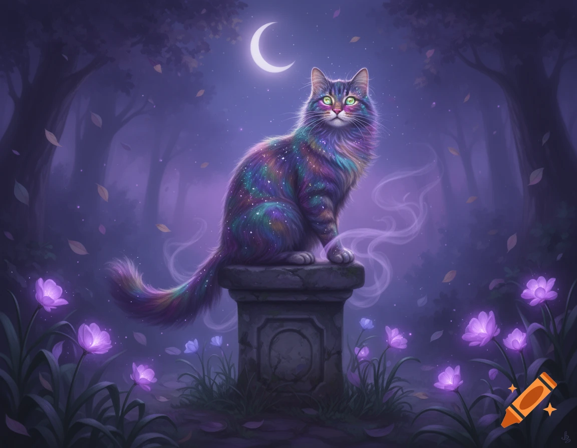A majestic cat with galaxy-like rainbow fur and glowing green eyes sits on a stone pedestal in a mystical purple forest at night.