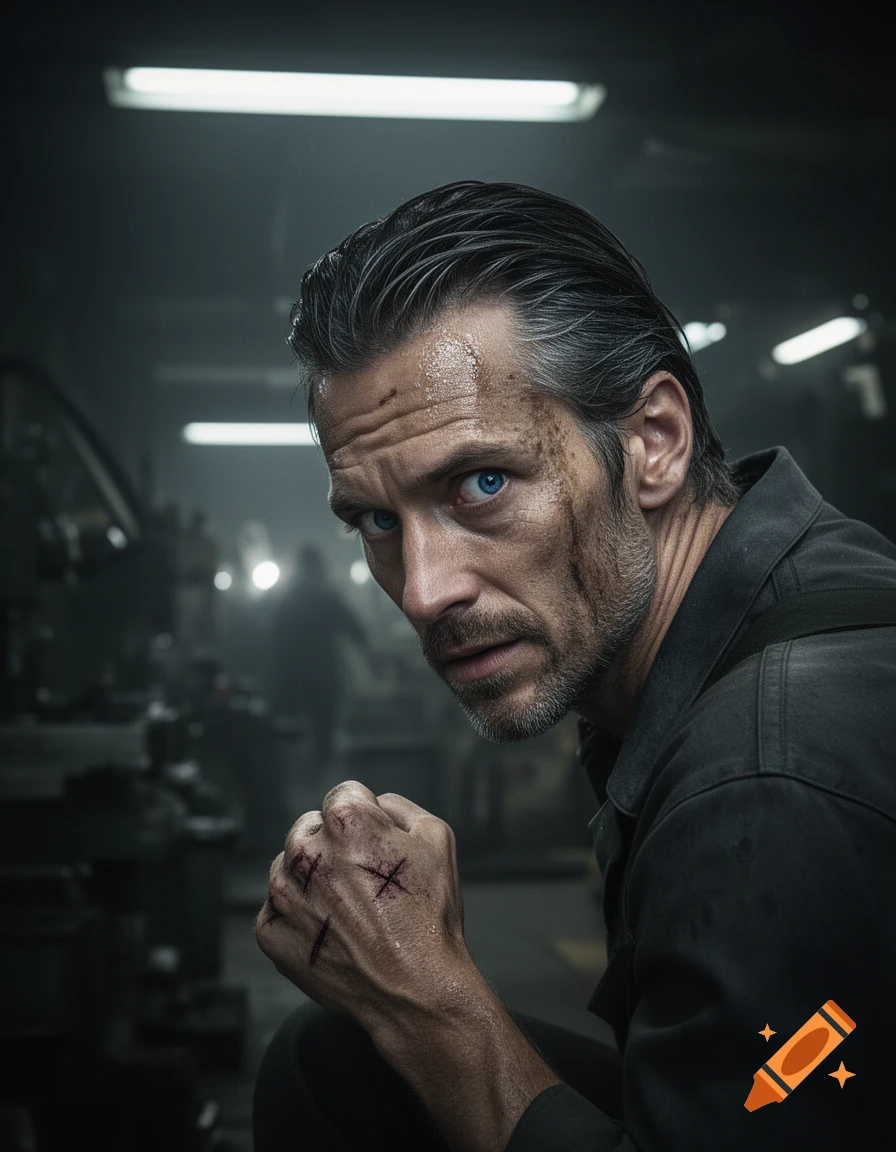 Photorealistic portrait of a rugged man with blue eyes, dirty face, and scarred knuckles, looking intensely at the viewer in a dim factory.