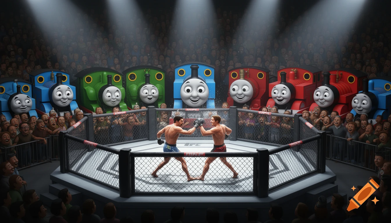 Thomas the Tank Engine and his friends, along with a large crowd, watch two fighters inside an octagon ring in a brightly lit arena.
