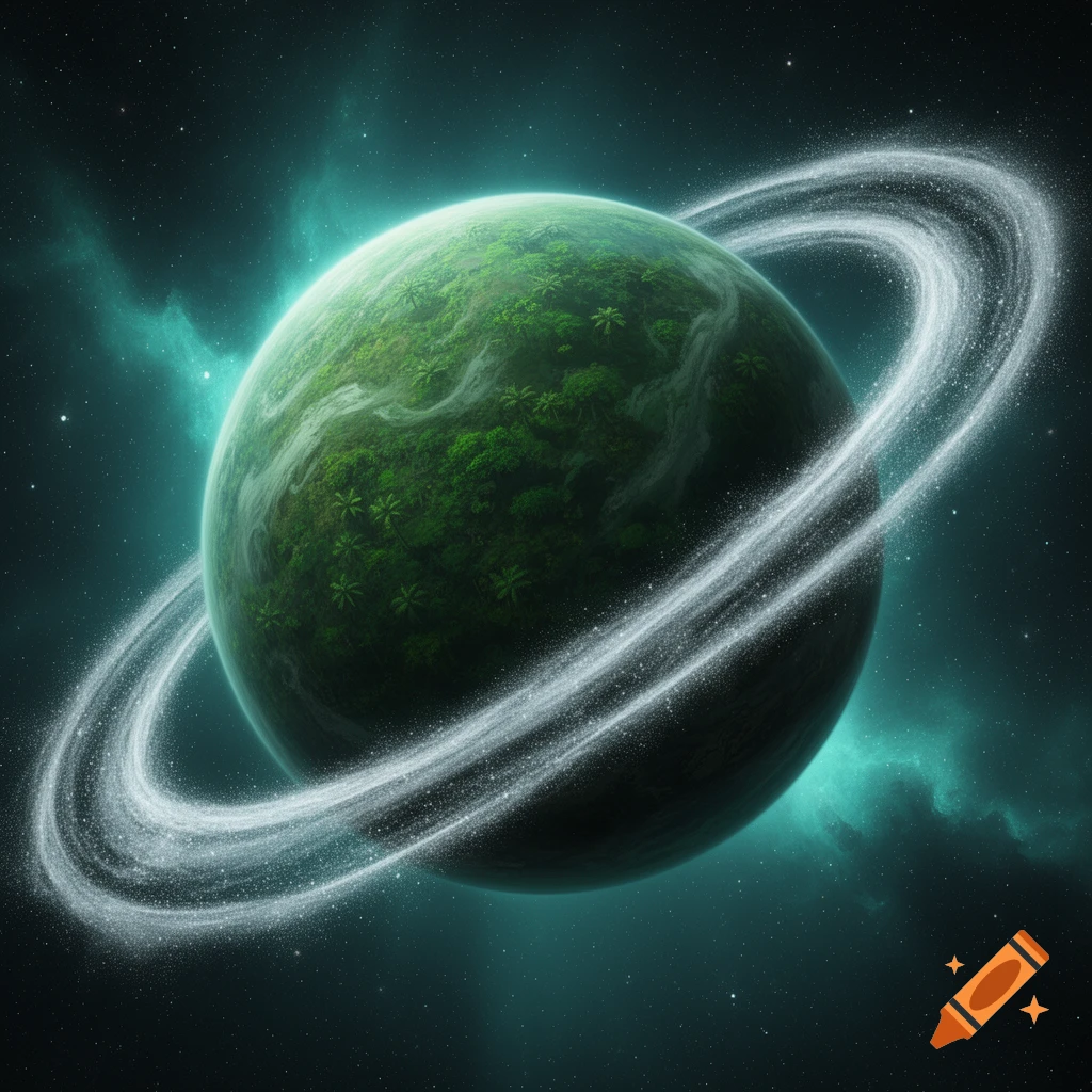 Vibrant green planet with lush vegetation and sparkling rings in a teal nebula.