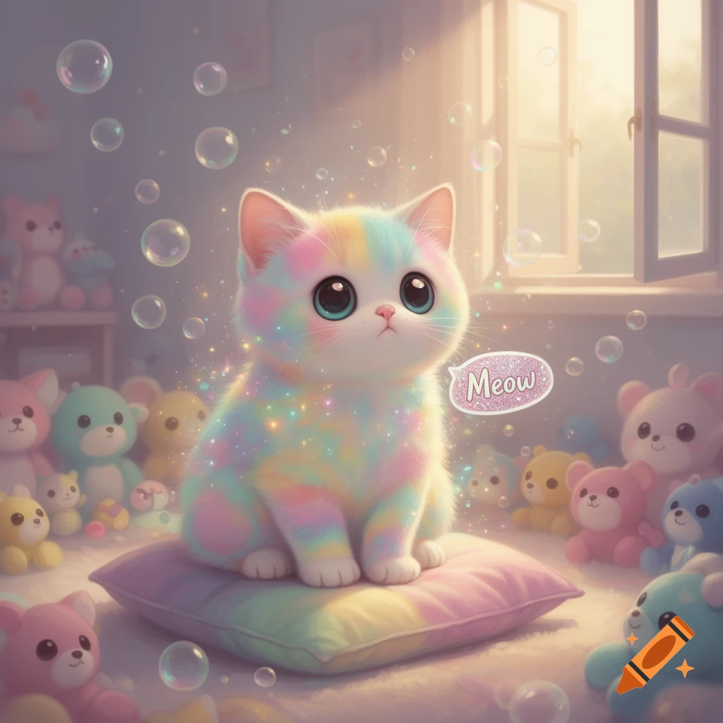 A rainbow-colored, big-eyed kawaii cat sits on a cushion, surrounded by bubbles and plush toys in a pastel room.