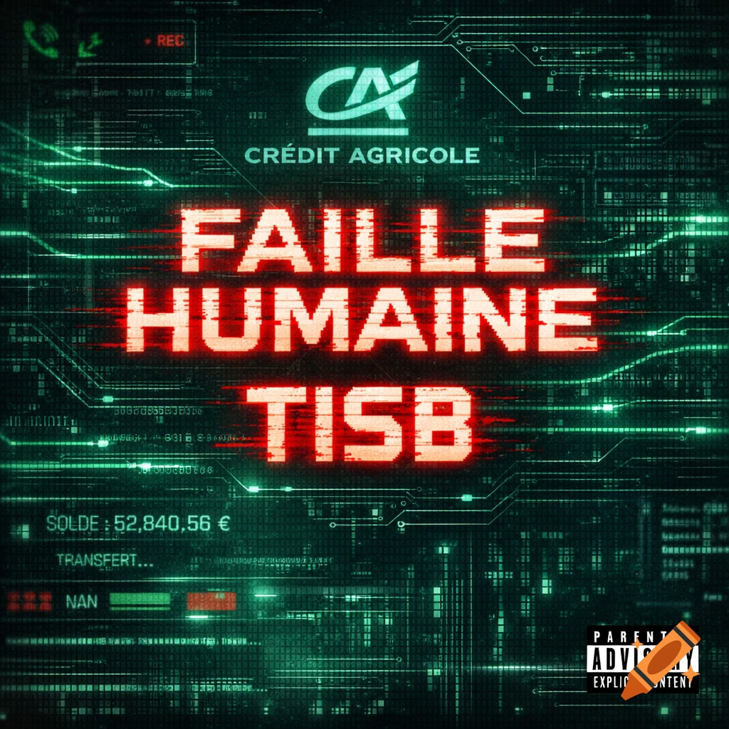 A dark green digital screen with circuit board patterns, displaying bright red text that reads "FAILLE HUMAINE TISB" and "CRÉDIT AGRICOLE" at the top, along with a balance of "52,840,56 ", a "PARENTAL ADVISORY" label, and other small text elements.
