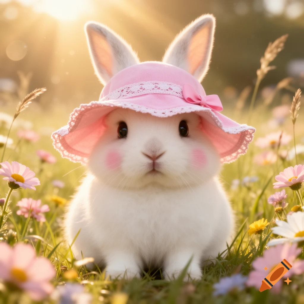 A cute white rabbit wearing a pink bonnet sits in a sunny field among ...