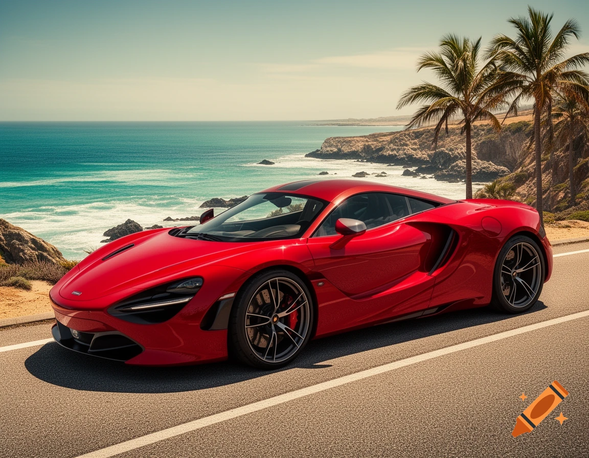 A red sports car parked on a coastal road overlooking the ocean with ...
