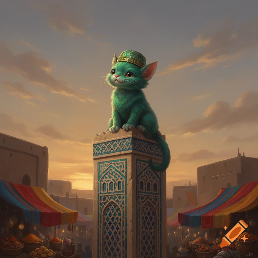 A fluffy green cat wearing a small golden cap sits atop an ornate turquoise tower, overlooking a vibrant market at sunset.