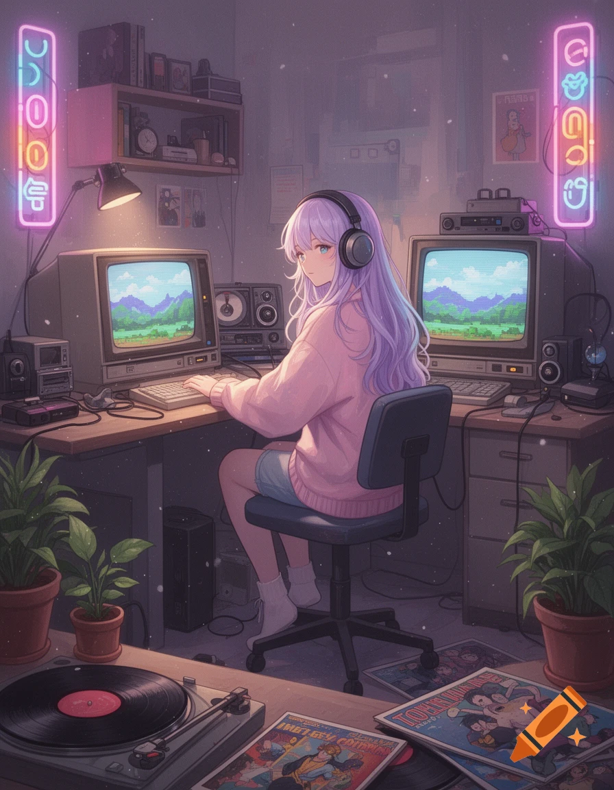 Anime girl with purple hair and headphones uses retro computers in a lofi-style room with neon lights.
