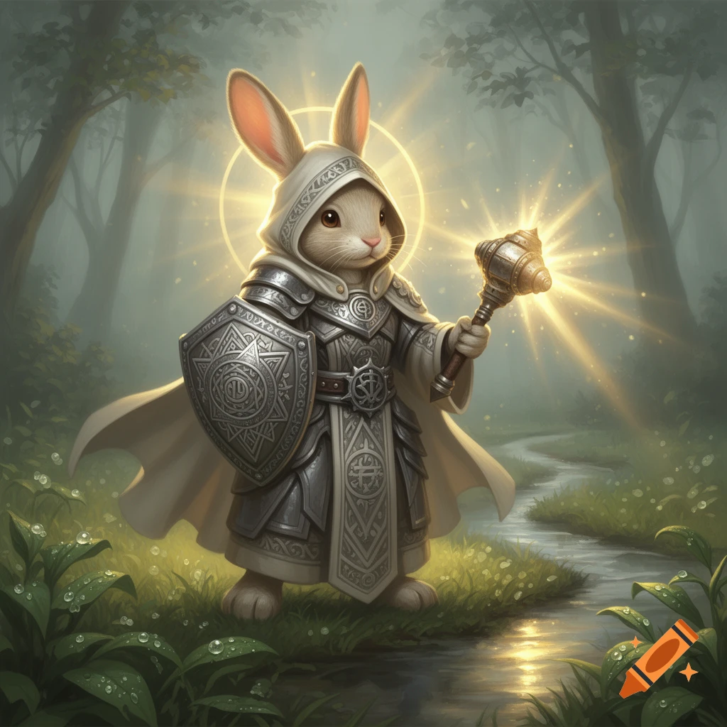 A hooded rabbit cleric in ornate armor holds a shield and a mace glowing with holy power in an enchanted forest.