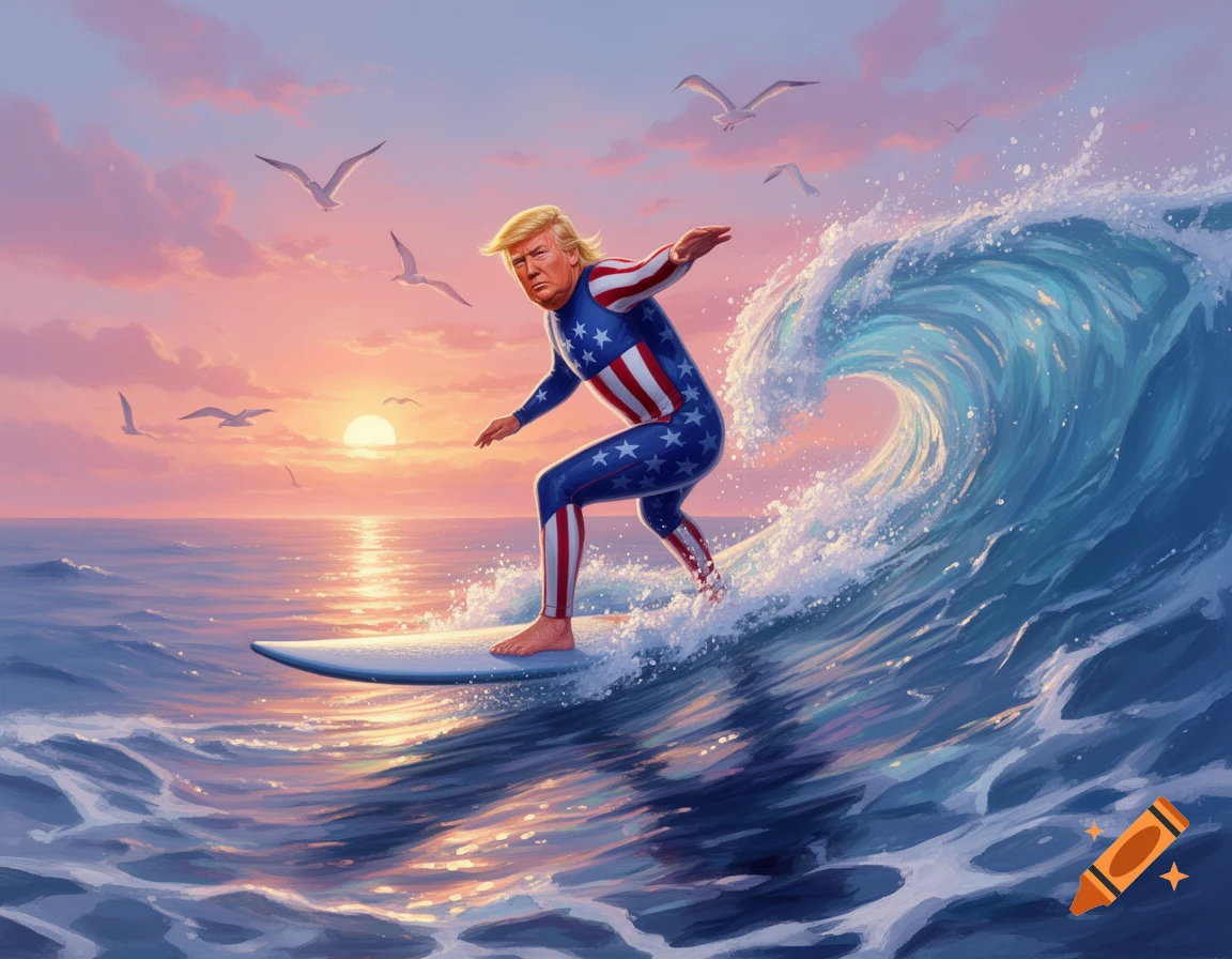 Illustration of Donald Trump surfing a wave in an American flag wetsuit at sunset.