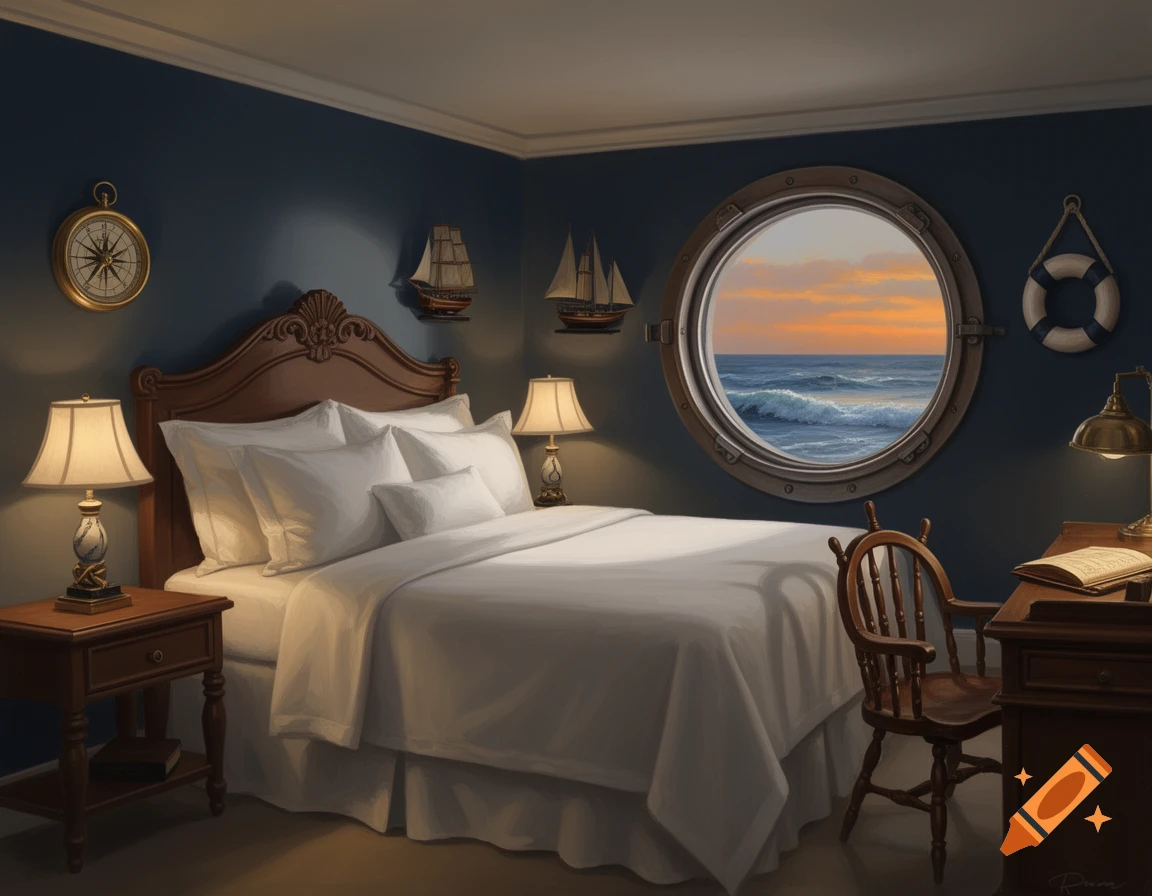 A cozy nautical-themed hotel room with a bed, desk, and a porthole window looking out at an ocean sunset.