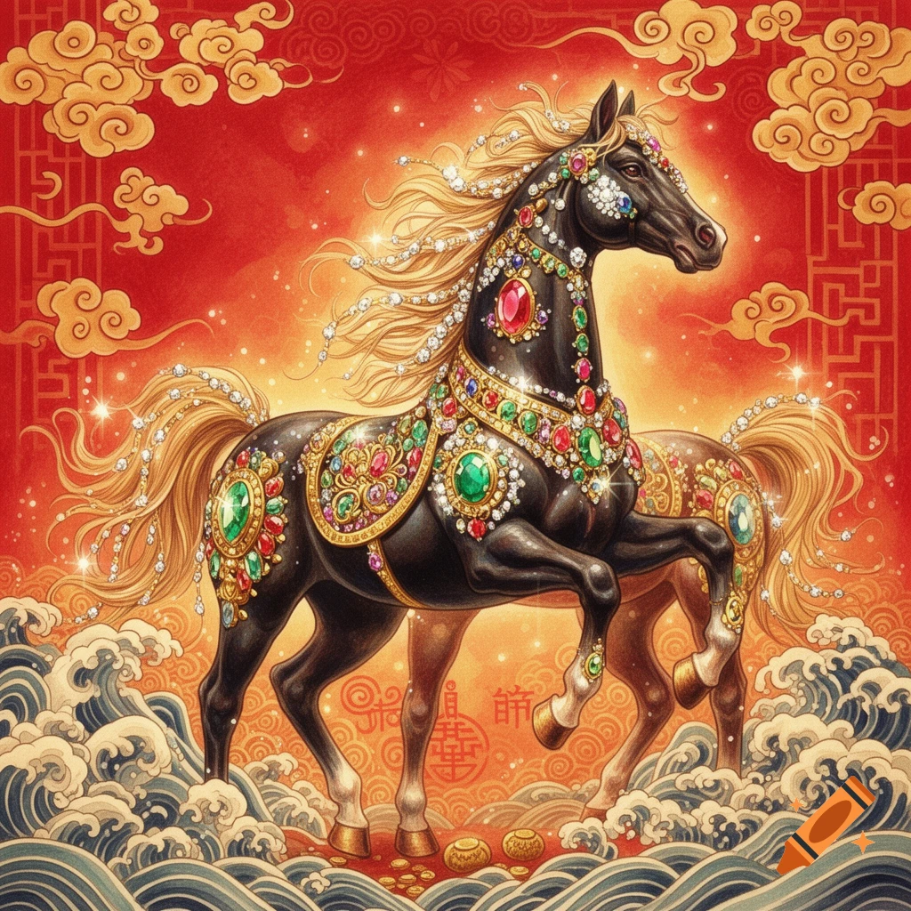 A majestic black horse adorned with sparkling jewels and gold, set against a vibrant red background with traditional Chinese clouds and waves, in a festive gouache style.
