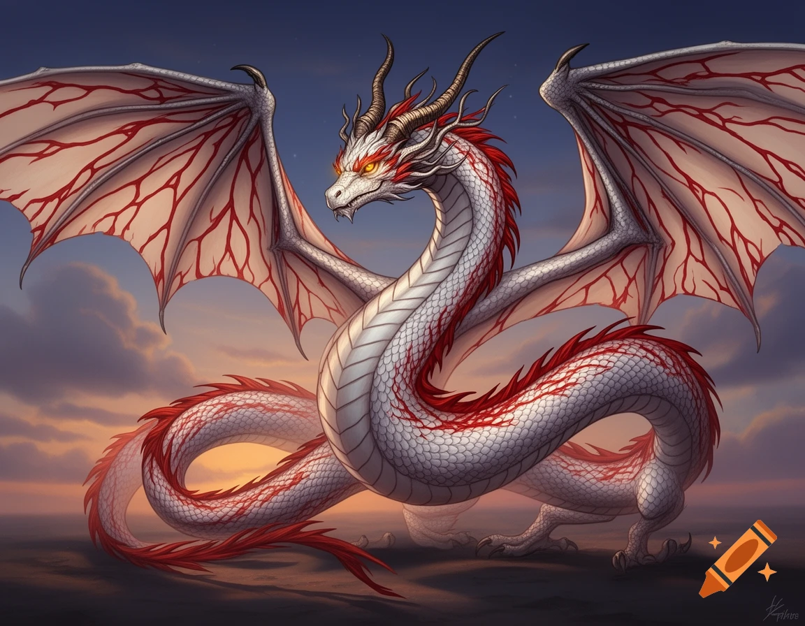A majestic white dragon with red scales and veined wings sits on barren ...