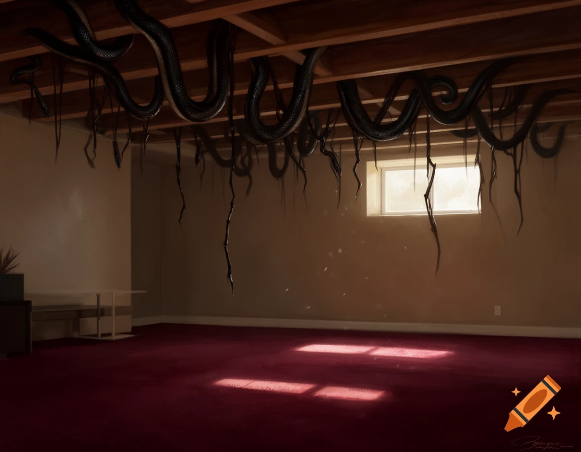 Long black snakes hang from the wooden beams of a finished basement ...