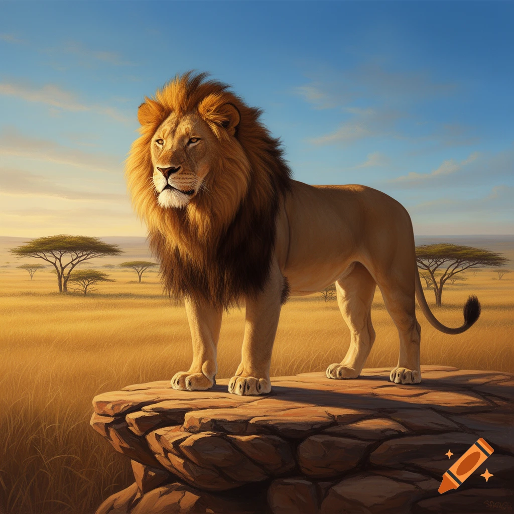 A majestic lion with a golden mane stands on a rock overlooking a vast savanna with acacia trees under a clear blue sky.