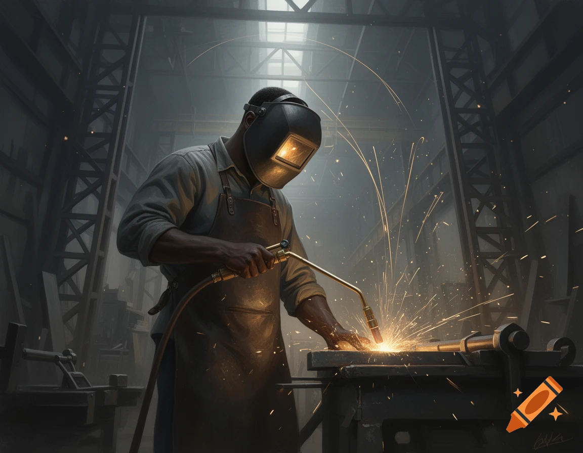 A black man in a welding mask and apron welds metal, generating bright sparks in a dim industrial workshop.