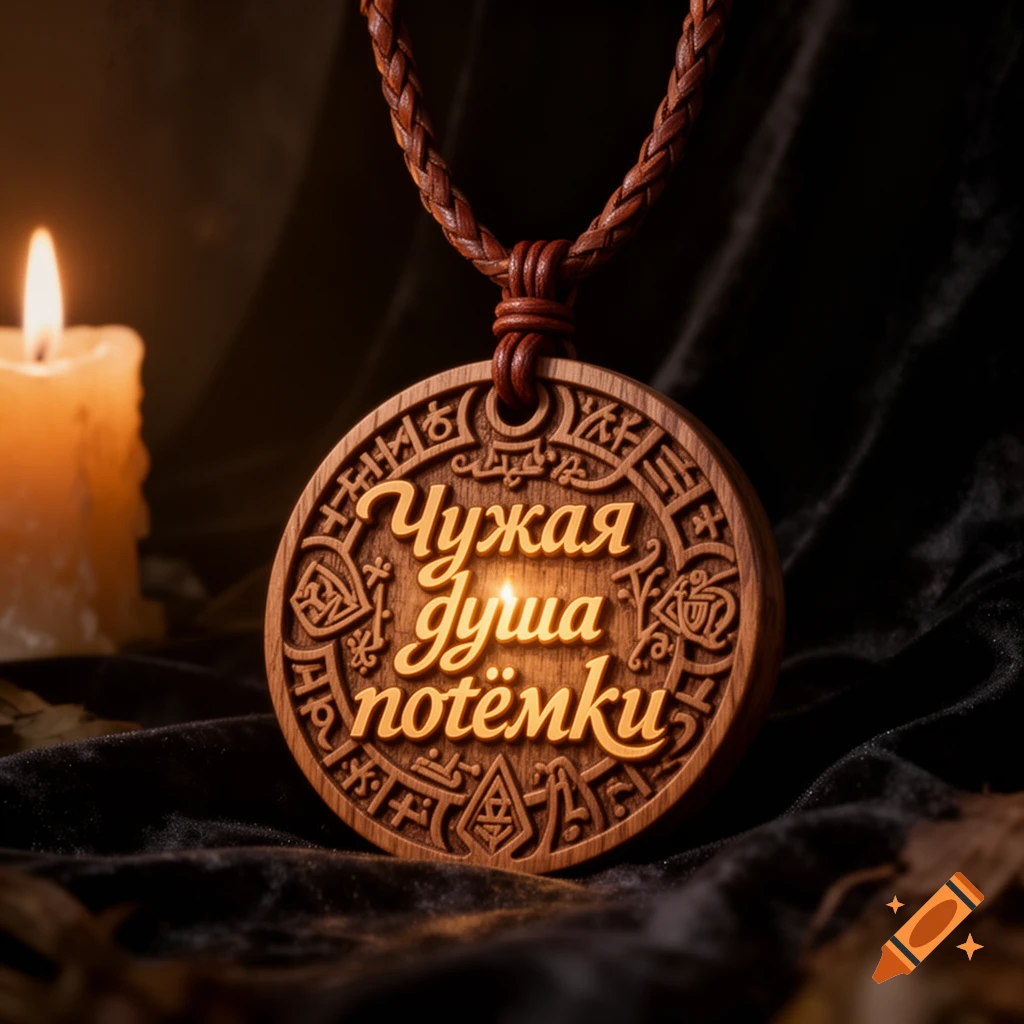 Wooden pendant with 'Чужая душа потёмки' (Another's soul is darkness) carved in gold lettering, illuminated by a candle on dark fabric.