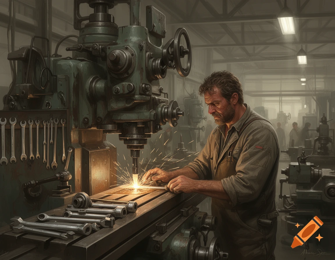 A bearded man operates a milling machine, producing sparks while working on a metal piece in a factory workshop. Tools are on the table.