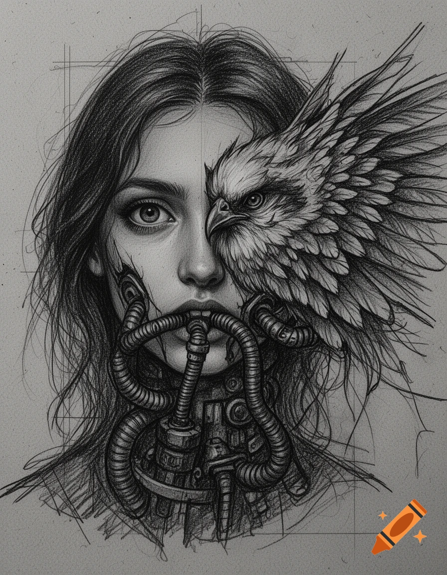 A dark surreal pencil sketch portrait of a woman with half her face fused with a bird, mechanical tubes piercing her mouth and neck in a gothic horror style.