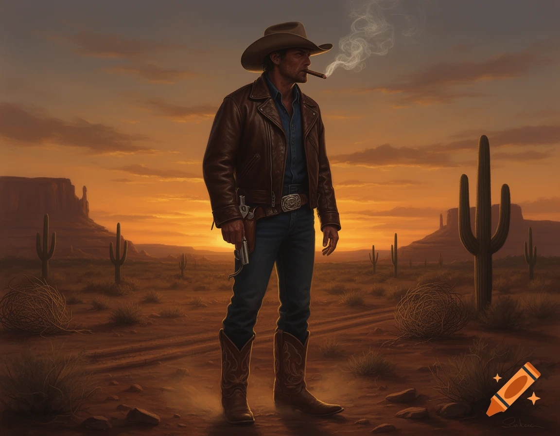 Digital painting of a cowboy in a leather jacket smoking a cigar, standing in a desert at sunset with cacti and mountains.