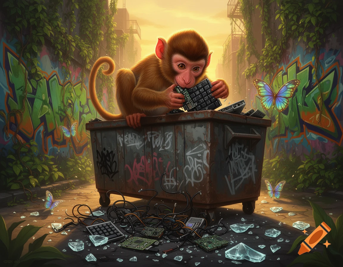 Monkey Destroying Computer A monkey sits on a graffiti-covered dumpster, examining broken computer ...
