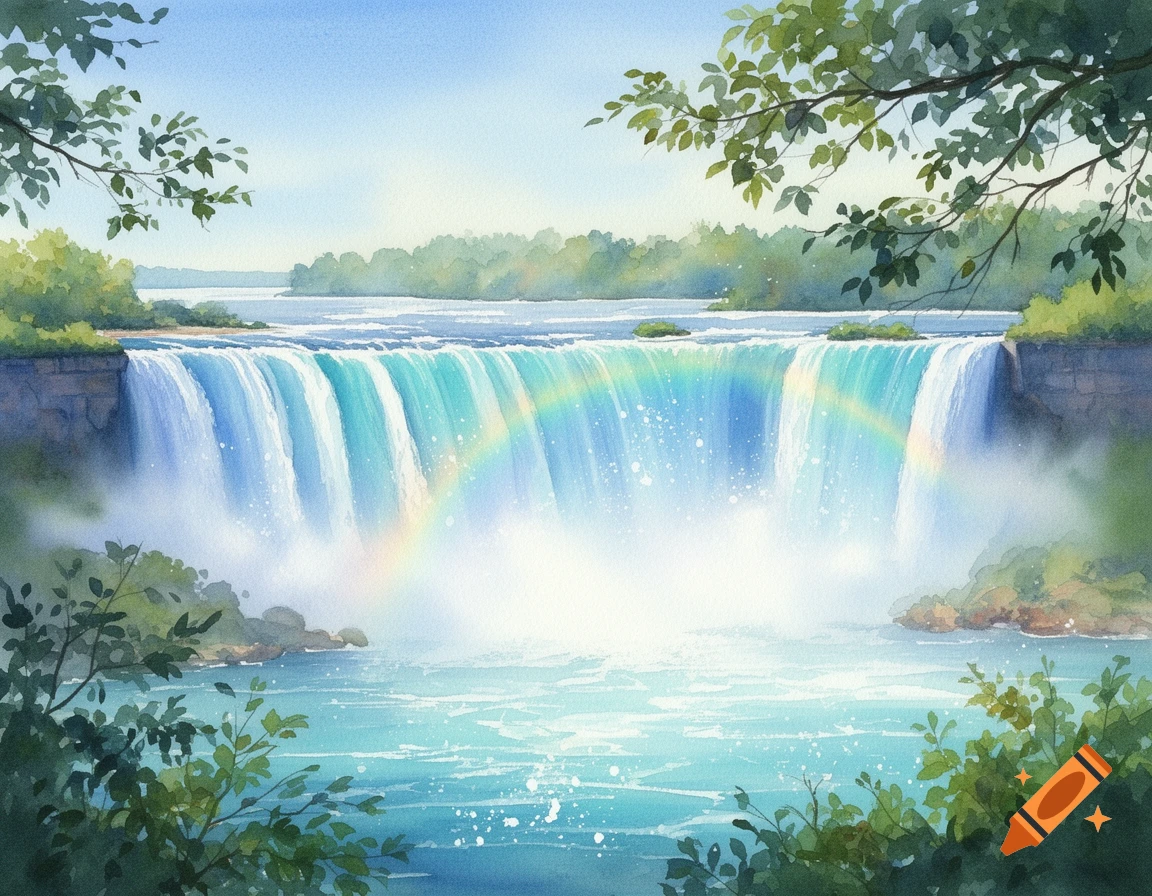 Vibrant watercolor painting of Niagara Falls with a rainbow over the wide waterfall and lush green trees.