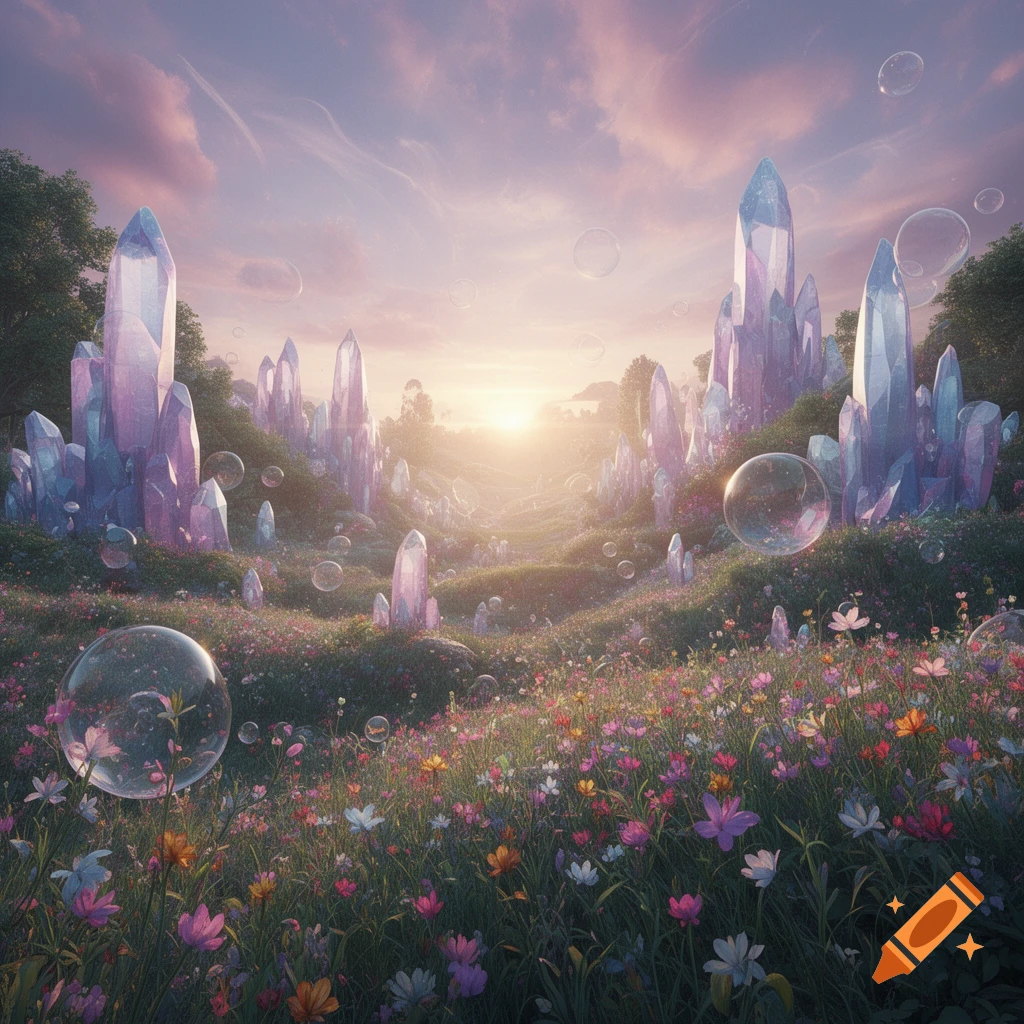 A vibrant fantasy landscape at sunset with large, luminous purple and blue crystal formations emerging from rolling hills covered in colorful wildflowers and floating bubbles.