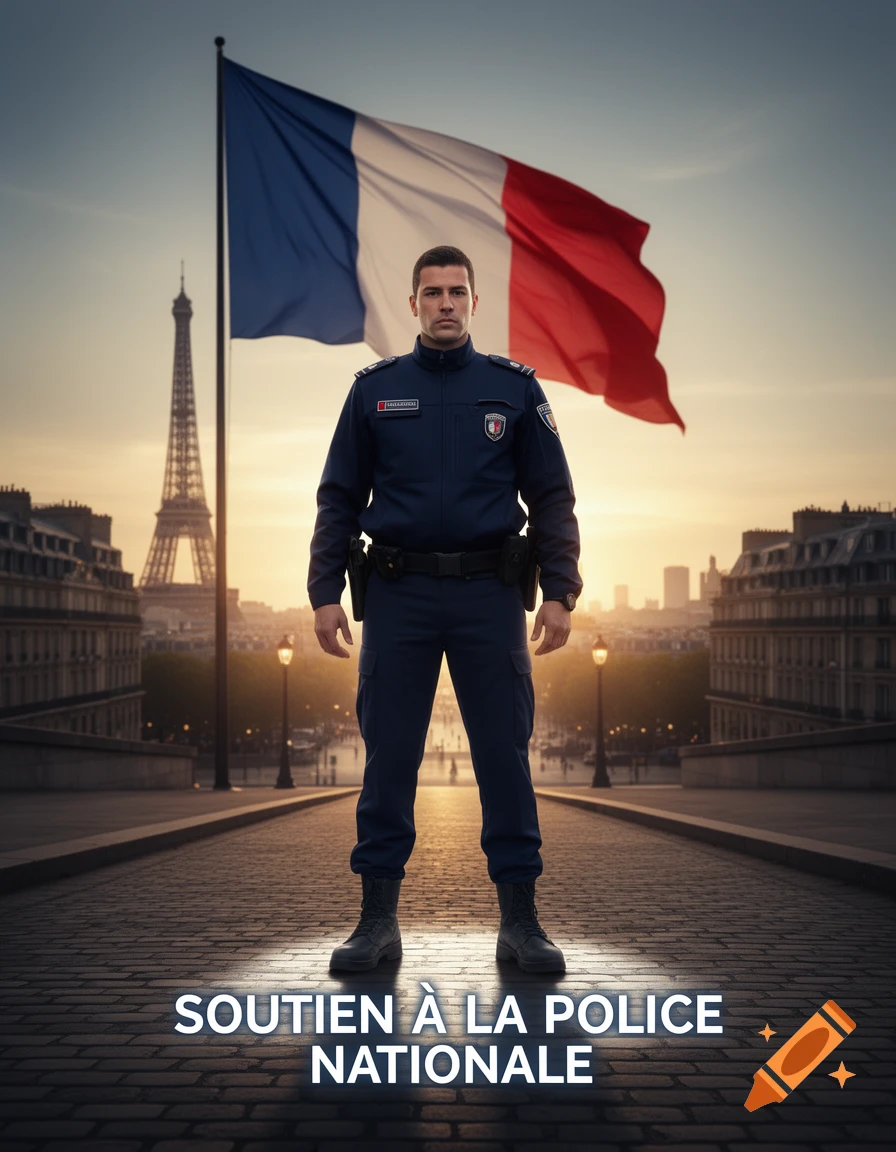 A stoic police officer in uniform stands centered on a cobblestone street with the French flag and Eiffel Tower in the background at sunset. Text reads 'SOUTIEN À LA POLICE NATIONALE'.