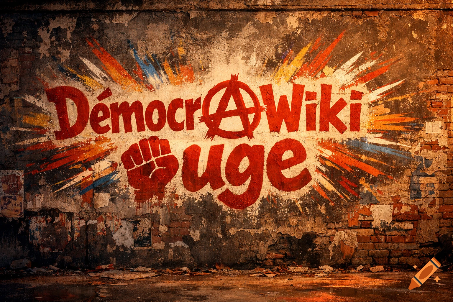 Red and white graffiti with an anarchy symbol and raised fist on a weathered brick wall in a dark urban setting.