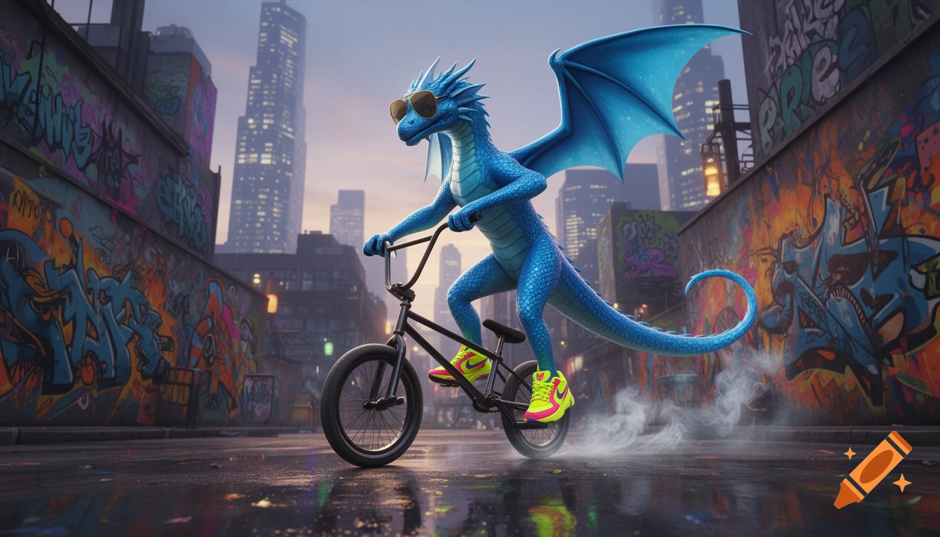 A cool blue dragon wearing sunglasses and neon sneakers rides a BMX bike down a wet, graffiti-covered street in a city.