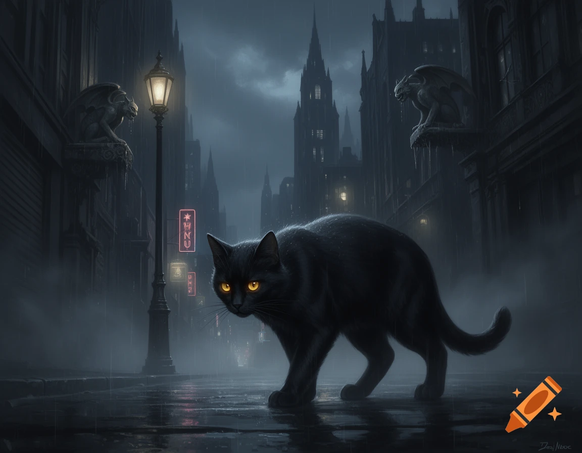 Black cat with glowing yellow eyes walking on a wet street in a dark ...