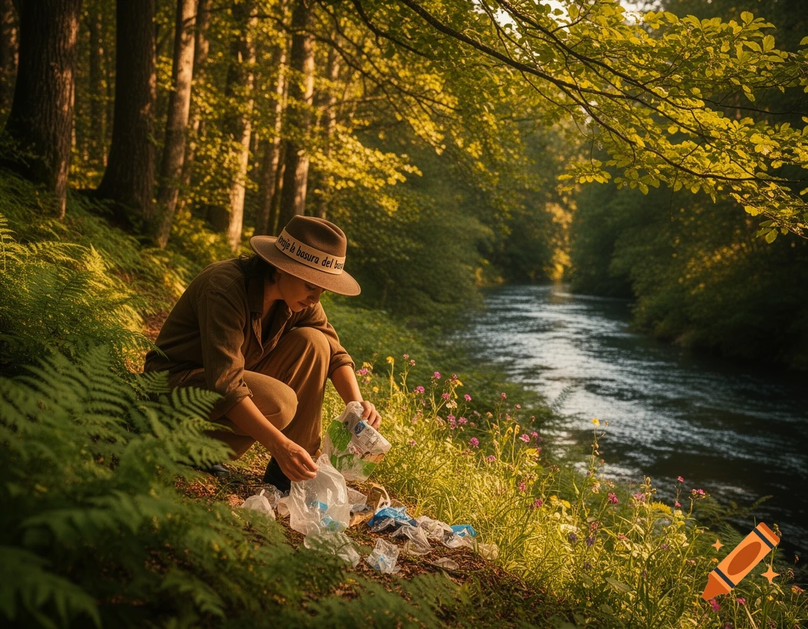 A person in a hat crouches by a river in a sunlit forest, picking up plastic trash from the grassy bank. Photorealistic.