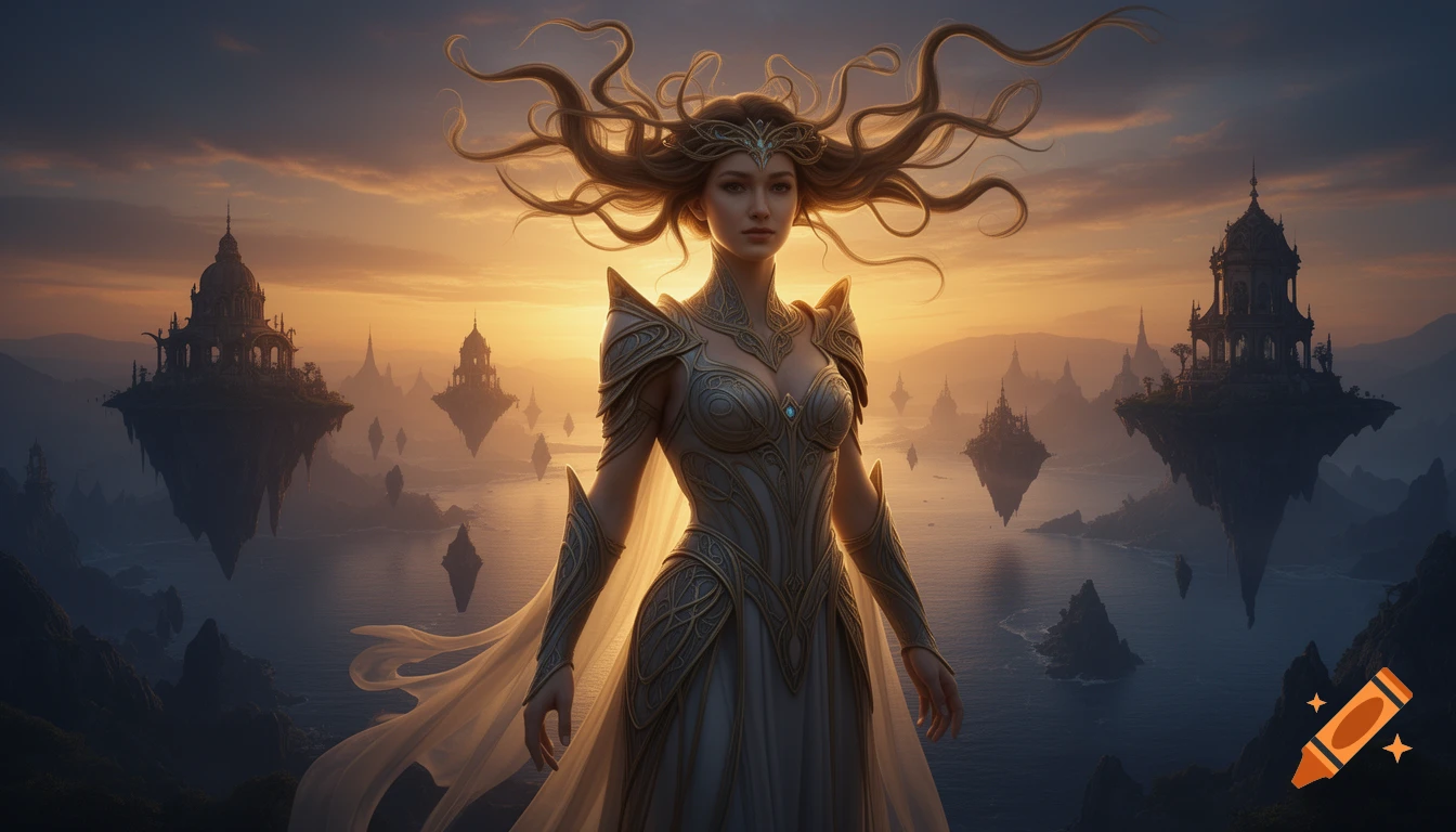 A fantasy woman with flowing hair and ornate armor stands before a sunset over surreal floating islands and water.