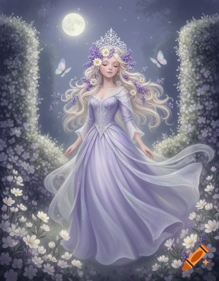 A whimsical princess with long blonde hair and a crown, adorned with purple and white flowers, stands in a moonlit garden filled with glowing flowers.