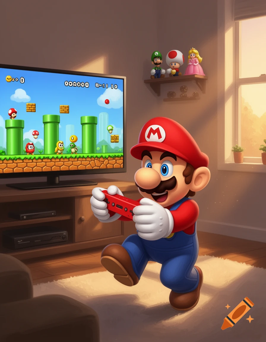 Super Mario in 3D cartoon style plays a side-scrolling video game on a TV in a cozy living room.