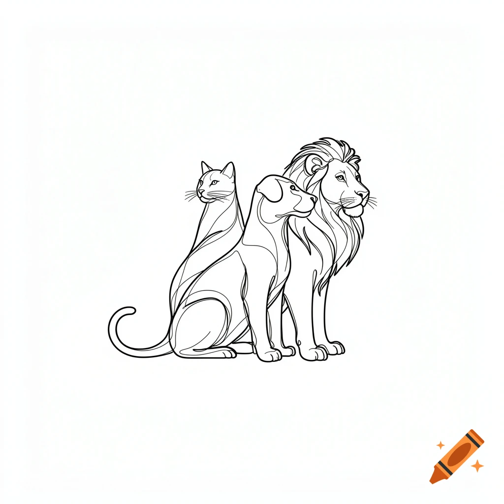 Minimalist black line art illustration of a cat, dog, and lion fused into a single harmonious sitting silhouette on a white background.