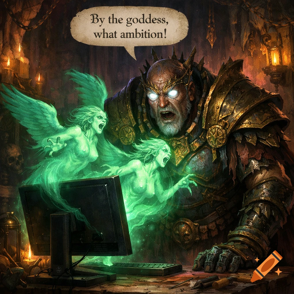 A heavily armored fantasy character with glowing eyes stares aghast at a computer monitor from which two screaming green ghosts with bare breasts emerge. A speech bubble reads, "By the goddess, what ambition!"