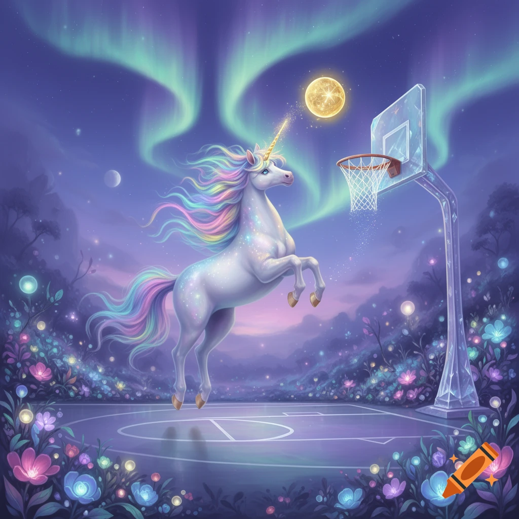 A magical unicorn with a rainbow mane rears up on a basketball court under a glowing aurora sky and a full moon, surrounded by luminous flowers.