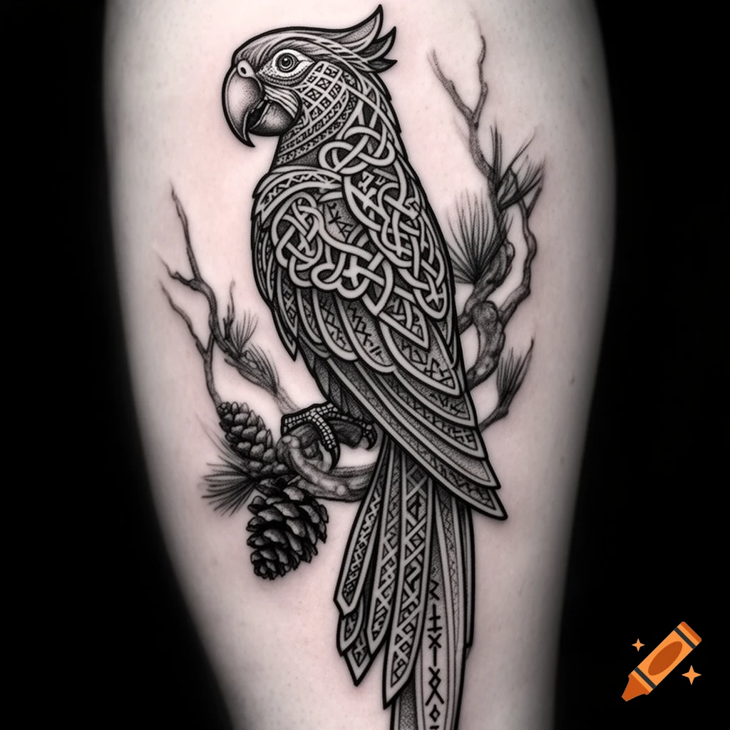 Black and white tattoo art of a parrot with intricate Celtic knot patterns on its body, perched on a branch with pinecones.