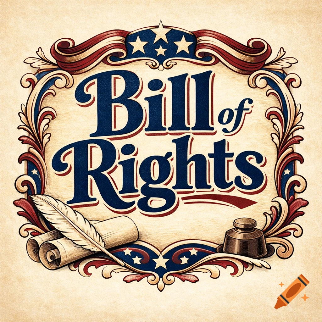 Ornate vintage illustration of 'Bill of Rights' text with a quill, inkwell, and patriotic American flag motifs.